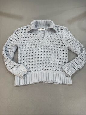 Dkny Light Blue Open-Knit Collared Sweater M